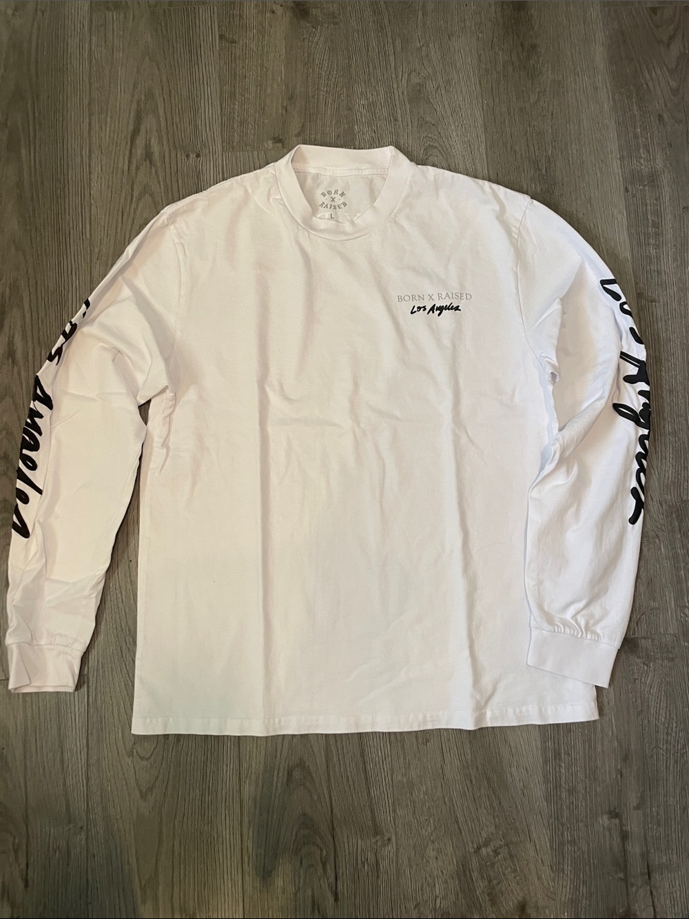 BORN X RAISED White Long Sleeve Graphic Tee with Black Sleeve Script
